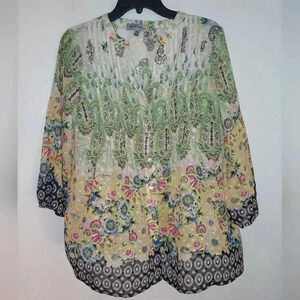 Figueroa & Flower Blouse Top Womens M Button Up Artsy Sheer Lightweight Ladies